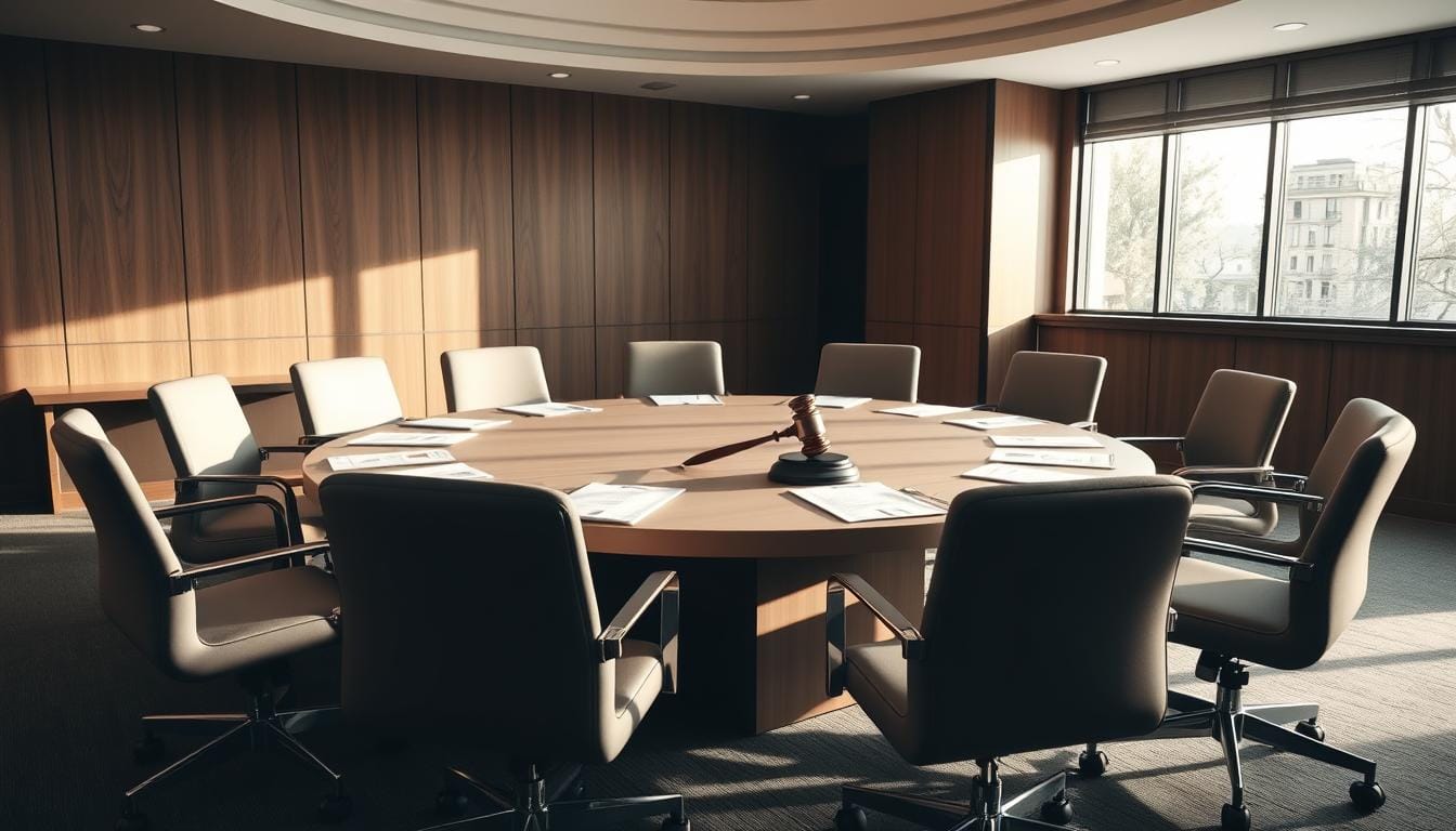 Financial Dispute Resolution serene conference room with a large round table, surrounded by neutral-toned chairs, documents neatly arranged, a gavel resting on the table, and natural light streaming through large windows, symbolizing calm resolution in financial disputes.