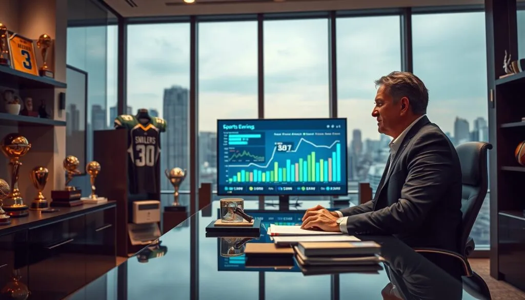 A dynamic scene depicting a financial advisor athletes in a modern office, surrounded by sports memorabilia, including trophies and jerseys. In the background, a large screen displays financial graphs and charts related to sports earnings. The setting is filled with elements of luxury, such as a sleek desk, high-end technology, and large windows showing a skyline. The atmosphere conveys professionalism and success in sports finance, highlighting the importance of wealth management for athletes.